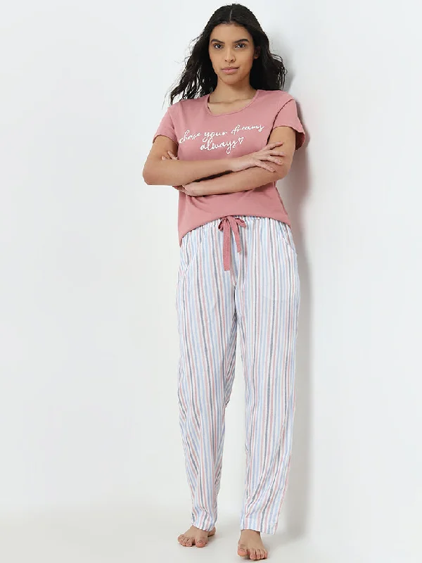 Wunderlove White Striped High-Rise Cotton Lounge Pants Soft Stretch Trousers