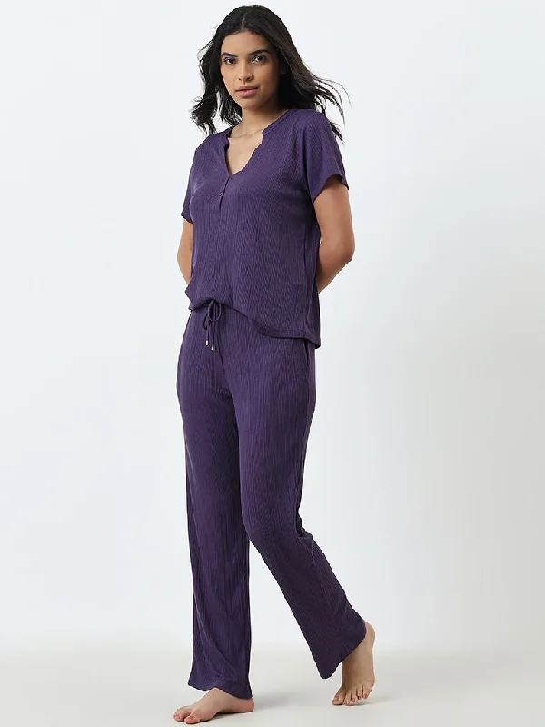 Wunderlove Purple Supersoft Modal Ribbed High-Rise Lounge Pants Comfortable Pleated Pants