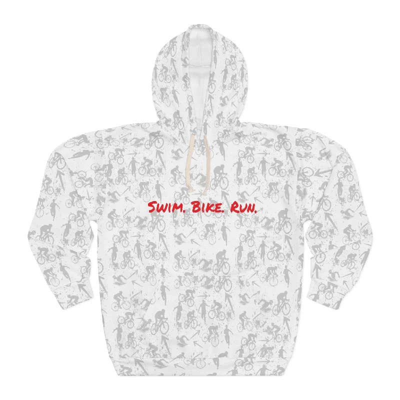Swim Bike Run on Custom Triathlon Grudge White Pattern Hoodie - Unisex Hoodie with Cuffed Sleeves Snug Secure Swim Bike Run on Custom Triathlon Grudge White Pattern Hoodie - Unisex Hoodie with Cuffed Sleeves Snug Secure