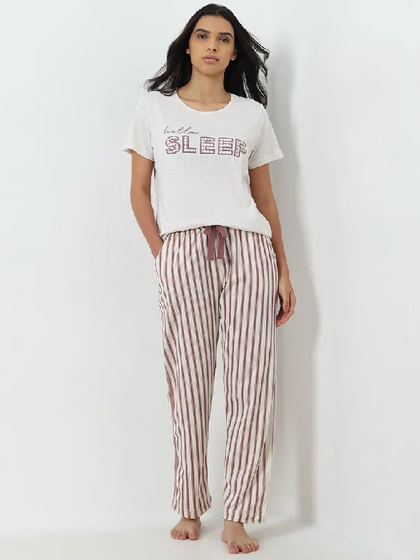 Wunderlove Off-White Striped Mid-Rise Cotton Lounge Pants Elegant Palazzo Trousers