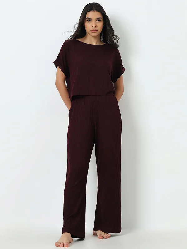 Wunderlove Purple Ribbed High-Rise Lounge Pants Fashionable Track Pants