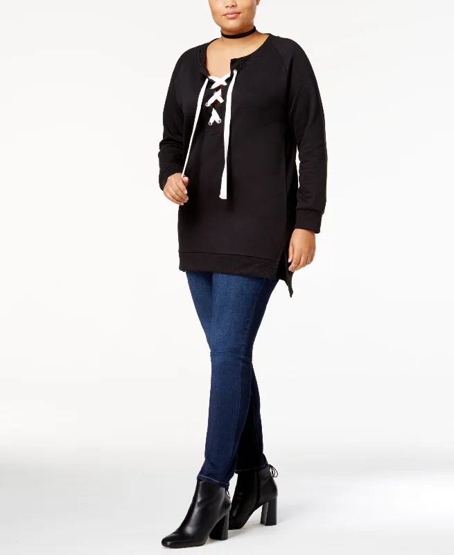 Planet Gold Trendy Plus Size Lace Up Tunic Sweatshirt Hoodie with Hem Patch Decorative Personalized Planet Gold Trendy Plus Size Lace Up Tunic Sweatshirt Hoodie with Hem Patch Decorative Personalized