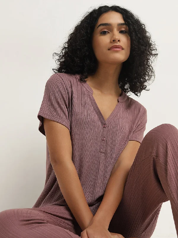 Wunderlove Mauve Ribbed-Textured High-Rise Pants Modern Stretch Trousers