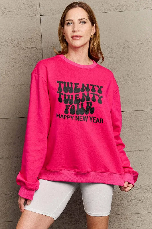 Simply Love Full Size TWENTY TWENTY FOUR HAPPY NEW YEAR Dropped Shoulder Sweatshirt Hoodie with Exposed Zipper Edgy Industrial