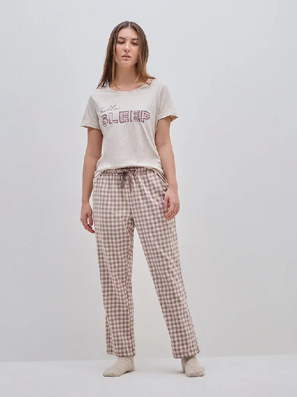 Wunderlove Beige Checkered High-Rise Lounge Pants Comfortable Jogger Trousers