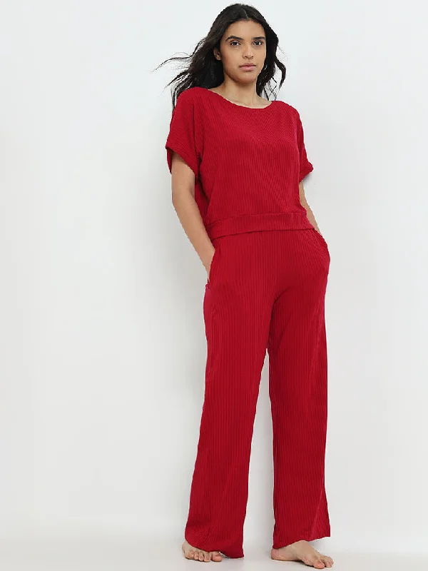 Wunderlove Red Ribbed High-Rise Lounge Pants Relaxed Linen Pants