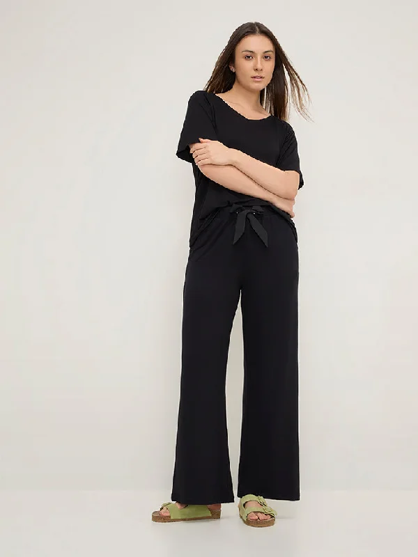Wunderlove Black High-Rise Supersoft Lounge Pants Relaxed Fit Trousers