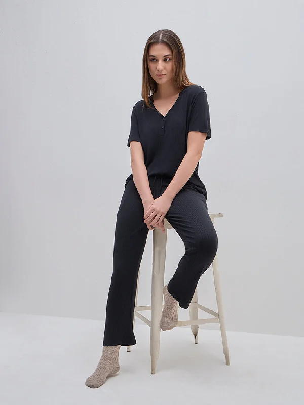 Wunderlove Black Ribbed High-Rise Lounge Pants Elegant Trouser Pants