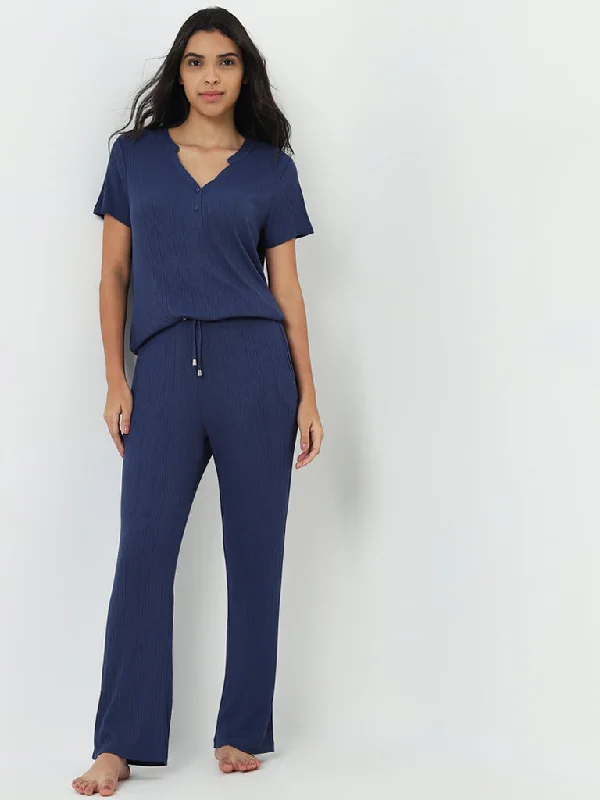 Wunderlove Blue Ribbed High-Rise Pants Comfortable Fleece Pants