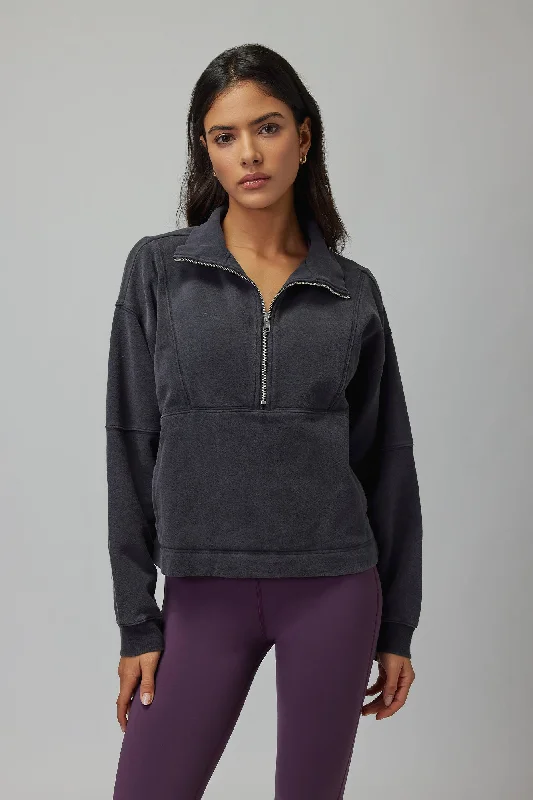 Spiritual Gangster Shay Half Zip Sweatshirt - Black Hoodie with Slit Hem Functional Movement Spiritual Gangster Shay Half Zip Sweatshirt - Black Hoodie with Slit Hem Functional Movement