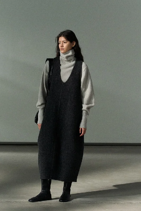Wool blend silk bud-shape loose-fit vest dress | 3 color