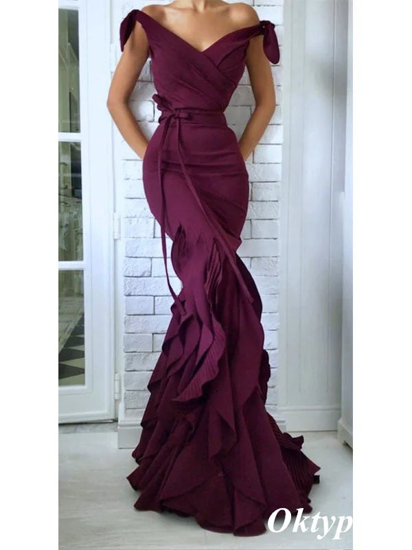 Sexy  Jersey Mermaid Off Shoulder V-Neck Stretchy Long Formal Prom Dresses, PDS0990