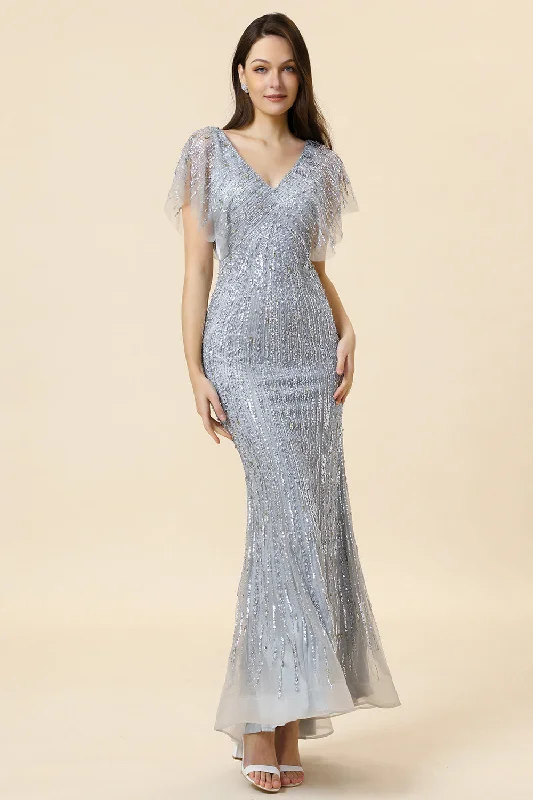 Sparkly Grey Beaded Mermaid Long Mother Of Bride Dresses