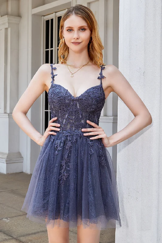 A Line Spaghetti Straps Grey Short Homecoming Dress with Appliques