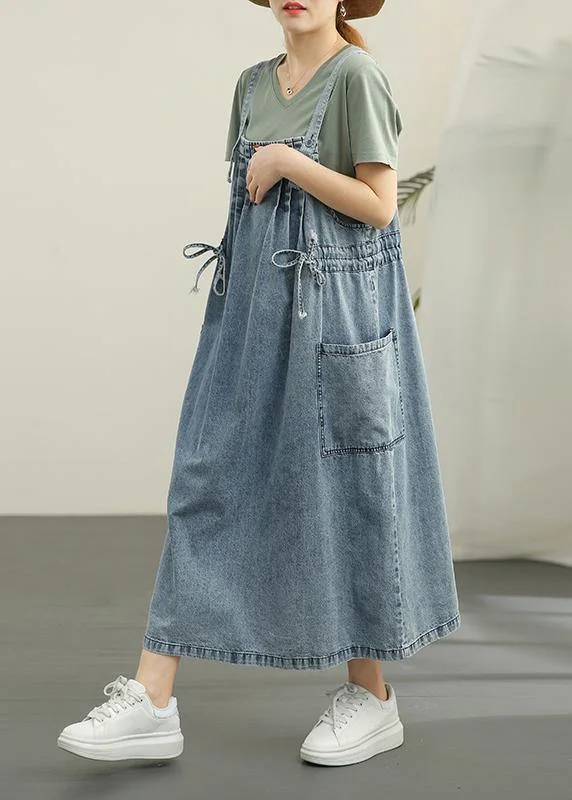 Simple Blue Summer tie waist Cotton Spaghetti Strap Dress