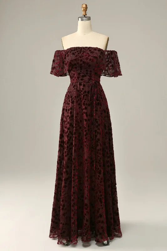 Burgundy Flower Off The Shoulder Evening Dress