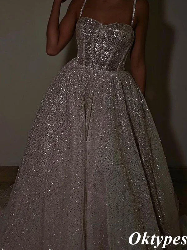 Sparkly Sliver Spaghetti Straps Sweetheart Sequin Floor-Length A-Line Formal Dresses, PDS1057