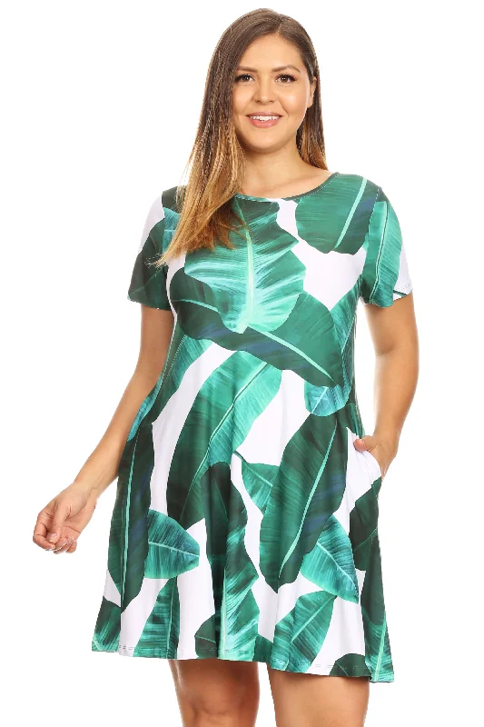 Plus Size Tropical Resort Palm Leaf Print Short Sleeve Swing Dress