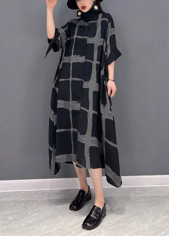Vintage Grey Peter Pan Collar Asymmetrical Print Button Pockets Long Dress Half Sleeve