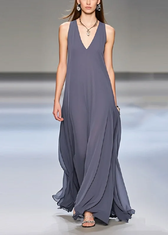 Elegant Grey Exra Large Hem Draping Chiffon Long Dresses Sleeveless