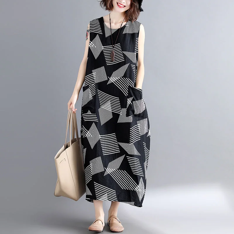 fashion Geometric cotton linen dress Loose fitting short sleeve baggy dresses long dresses Elegant o neck caftans fashion Geometric cotton linen dress Loose fitting short sleeve baggy dresses long dresses Elegant o neck caftans