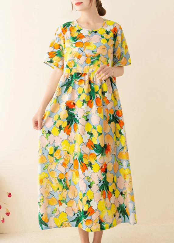 Italian Yellow Print Tunics O Neck Patchwork Loose Summer Dresses
