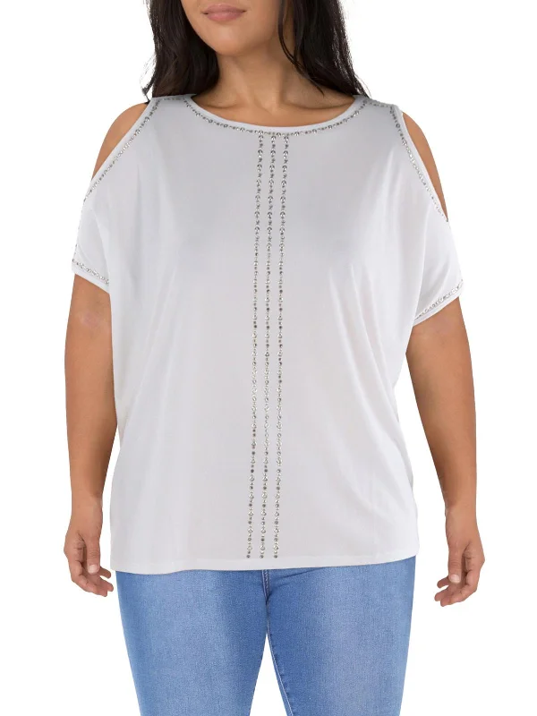Womens Embellished Cold Shoulder Blouse Soft Satin Blouse