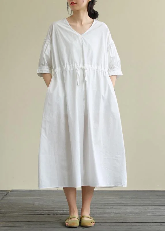 100% white cotton tunic pattern v neck drawstring Maxi Dress Cozy Open-Back Maxi Dress
