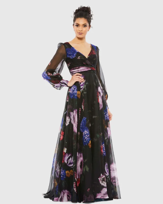 Floral Print Chiffon Long Sleeve Maxi Dress Elegant Maxi Dress with Lace