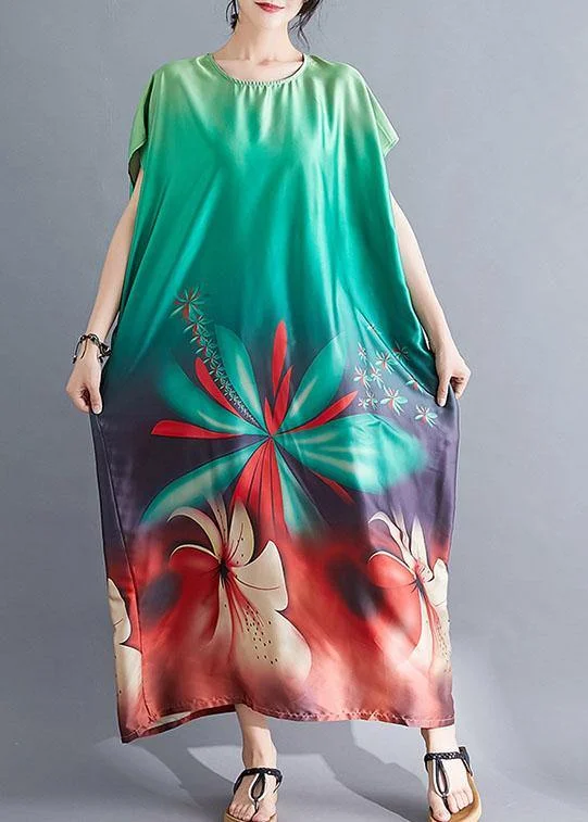 Beautiful Batwing Sleeve Wardrobes pattern green prints Maxi Dresses summer Trendy Maxi Dress with Bow