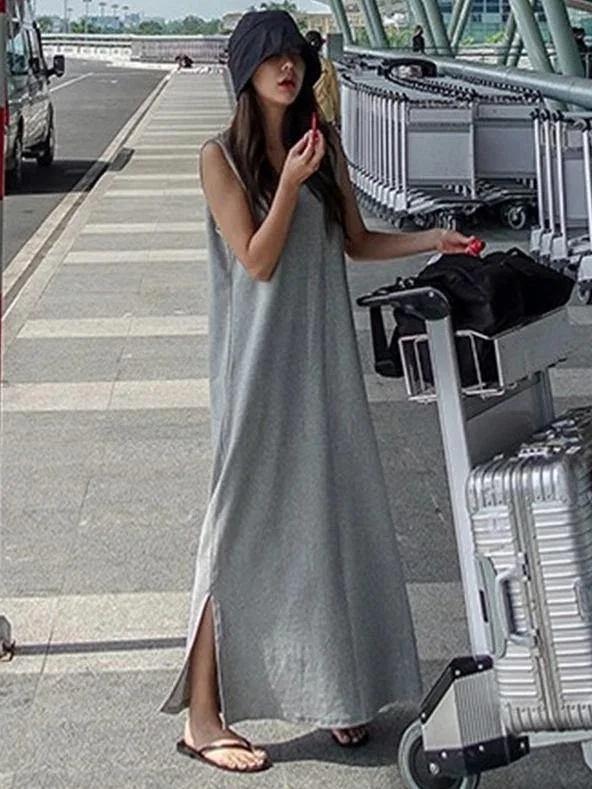 Beautiful sleeveless side open cotton summer Tunics gray Maxi Dress Trendy Floral Print Maxi Dress