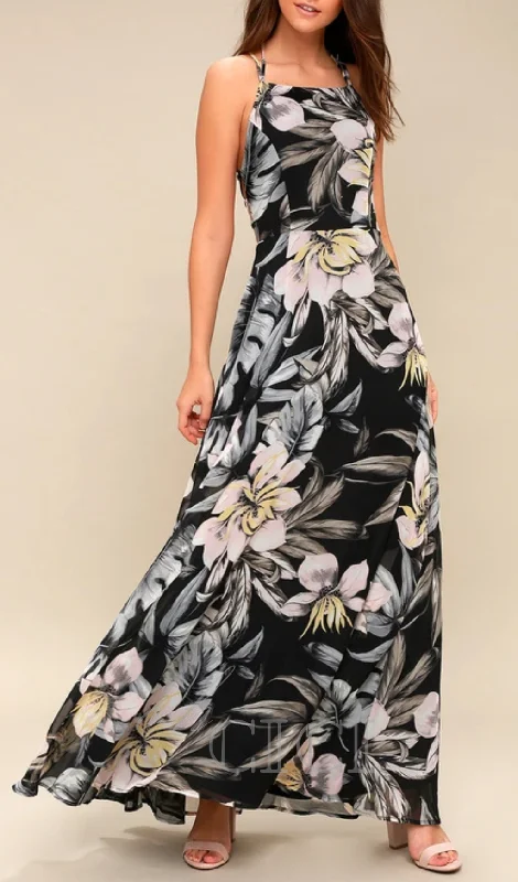 Black Floral Print Lace-Up Maxi Dress Chic Sleeveless Maxi Dress