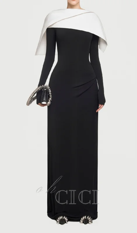draped asymmetrical shoulder pleat maxi dress in black Fashionable Printed Maxi Dress