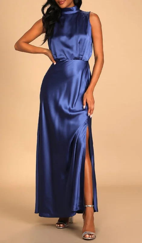 Blue Satin Sleeveless Mock Neck Maxi Dress Elegant Maxi Dress with Ruffles