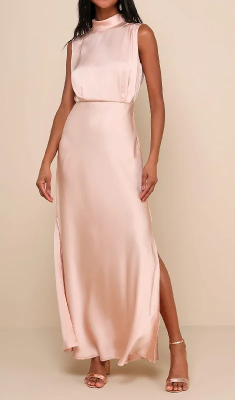 Blush Satin Sleeveless Mock Neck Maxi Dress Trendy Floral Print Maxi Dress