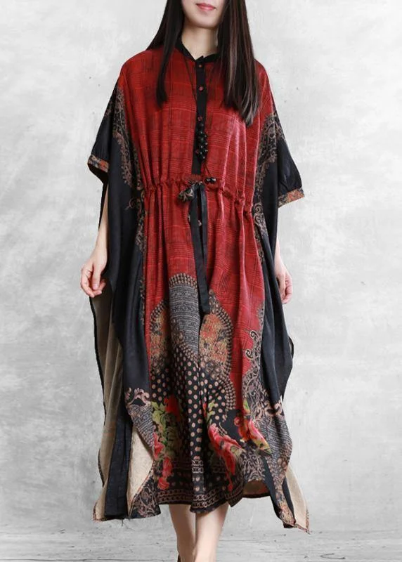 Classy red print clothes Women drawstring asymmetric Maxi Dress Comfortable Plunging Neckline Maxi Dress