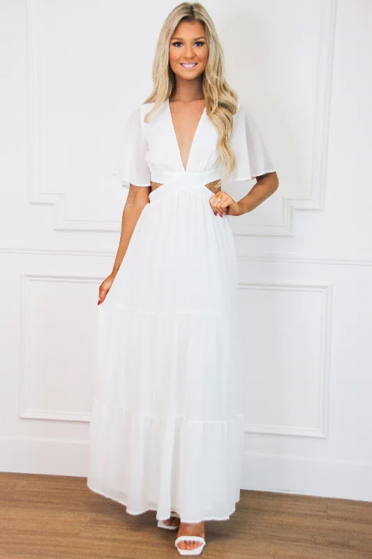 Come Away With Me Cutout Maxi Dress: White Comfortable T-Shirt Maxi Dress
