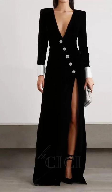 CROWN BLACK LONG SLEEVE V-NECK MAXI DRESS Fashionable High-Waist Maxi Dress