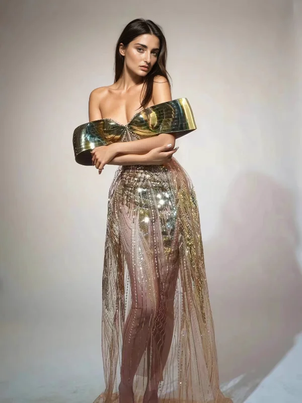 Daryle Off Shoulder Sequin Split Maxi Dress Casual Maxi Dress with Pockets