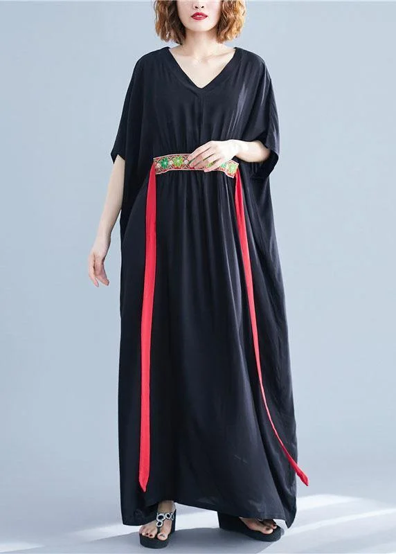 DIY tie waist cotton tunic dressNeckline black v neck Maxi Dresses summer Chic Summer Maxi Dress