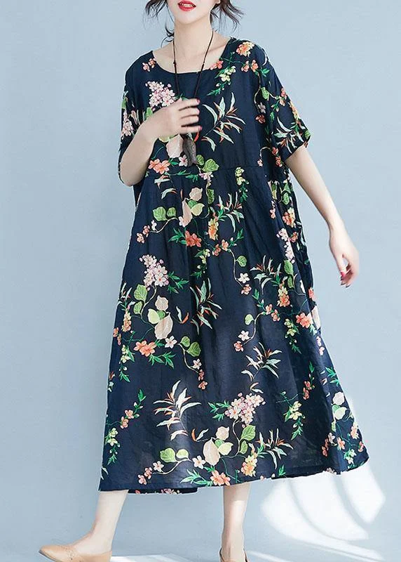 Elegant navy print cotton pattern o neck baggy Maxi Dress Cozy Knit Maxi Dress