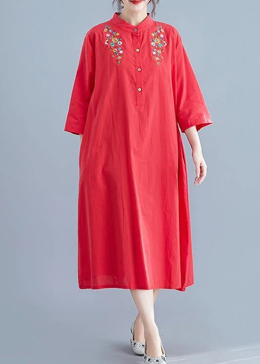 Elegant stand collar pockets cotton tunics for women Work Outfits red embroidery Maxi Dresses summer Fashionable Halter Neck Maxi Dress