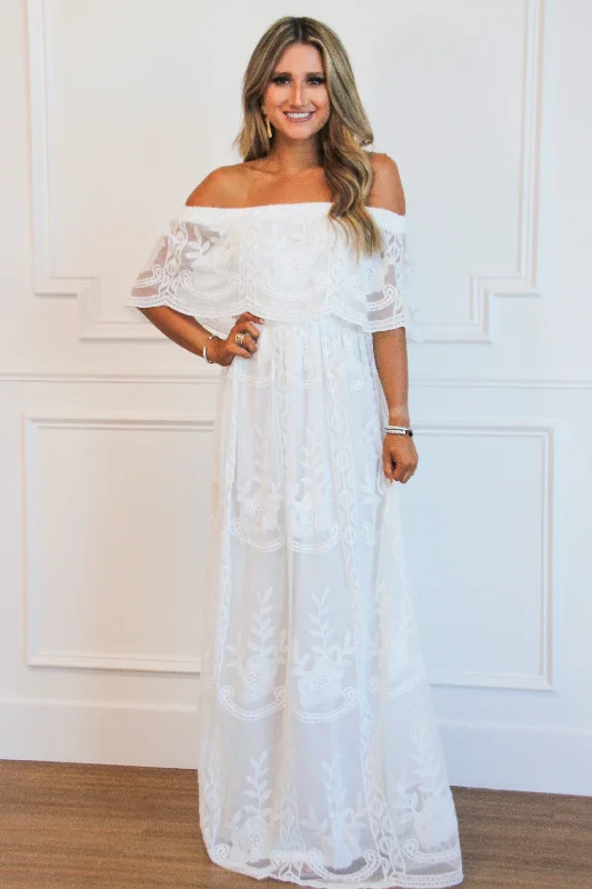 Ever After Lace Maxi Dress: White Comfortable Satin Maxi Dress