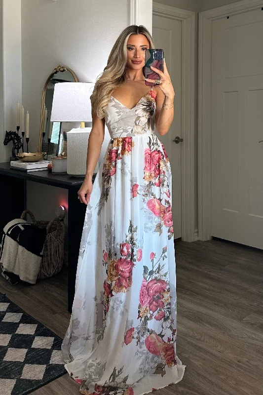 Garden Stroll Open Back Maxi Dress: White Multi Fashionable High-Waist Maxi Dress
