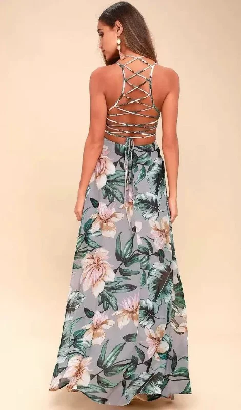 Grey Floral Print Lace-Up Maxi Dress Comfortable Pleated Maxi Dress