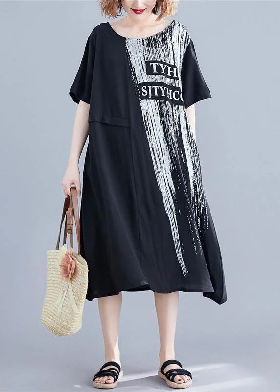 Handmade o neck pockets cotton dresses black print Maxi Dresses summer Cozy Ruffle Sleeve Maxi Dress