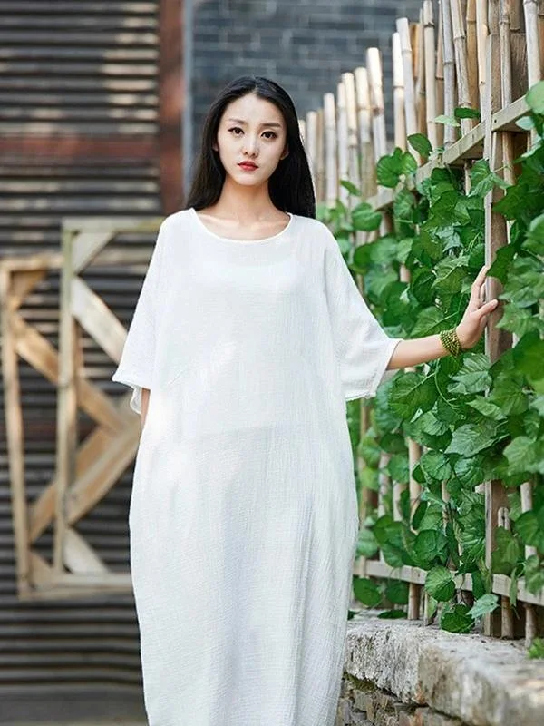 Handmade white cotton linen clothes For Women o neck half sleeve Maxi Dress Cozy Cold-Shoulder Maxi Dress
