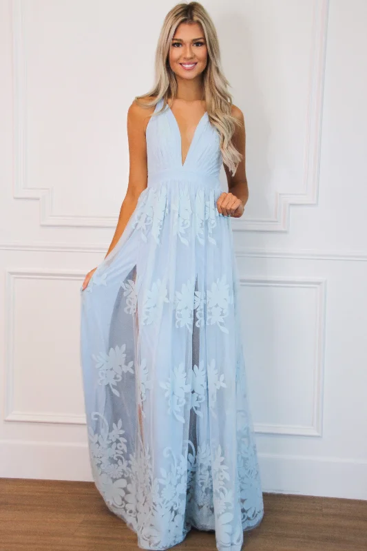 Here Comes the Bride Maxi Dress: Light Blue Elegant Pleated Maxi Dress