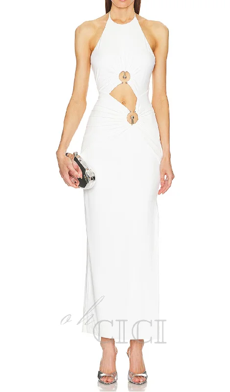 hollow cut out slit halter maxi dress in white Comfortable Pleated Maxi Dress