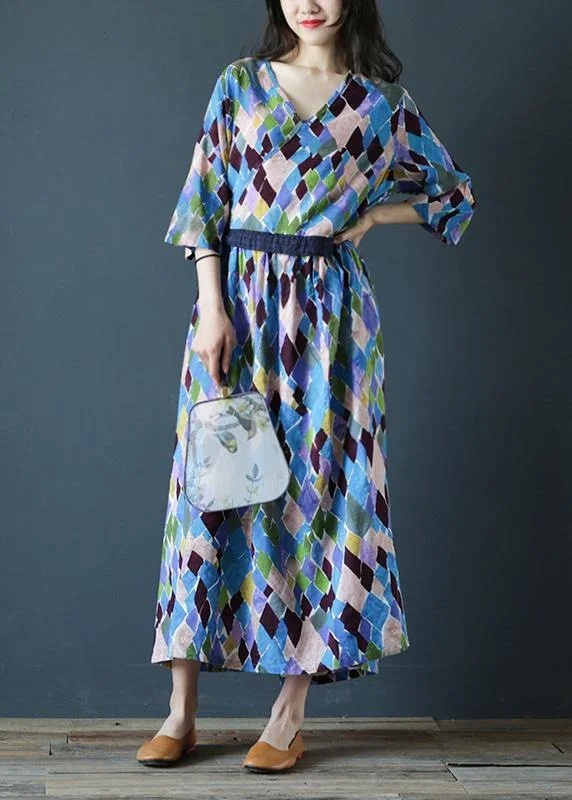 Loose v neck drawstring cotton summer dresses Sleeve plaid Maxi Dresses Elegant Lace-Up Maxi Dress
